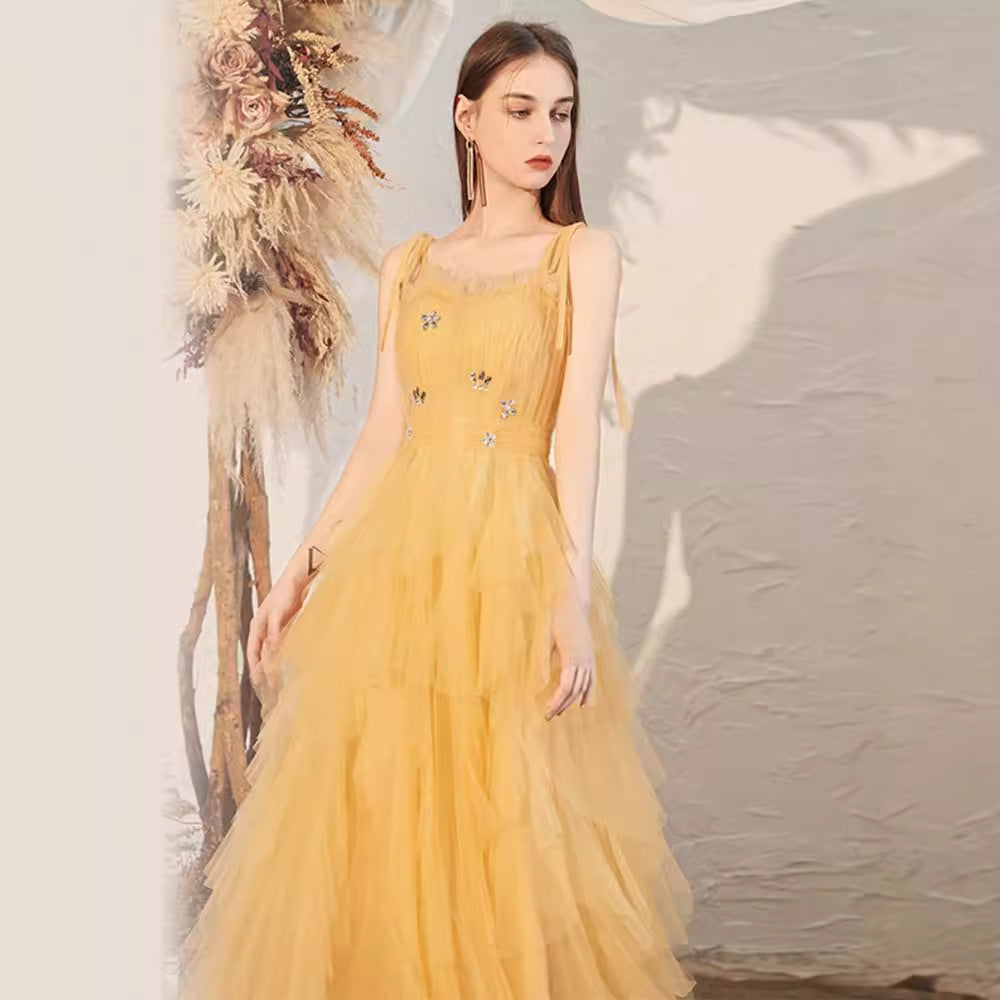 Rhinestone Embellished Maxi Dress - Yellow