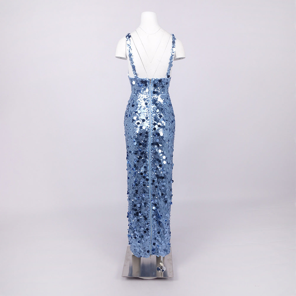 Deep V-Neck Sequin Column Gown in Blue