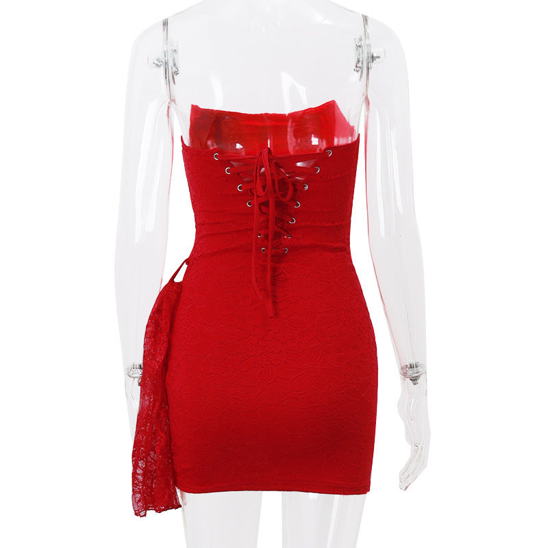 Red Bandage Backless Floral Lace Corset mini Dress