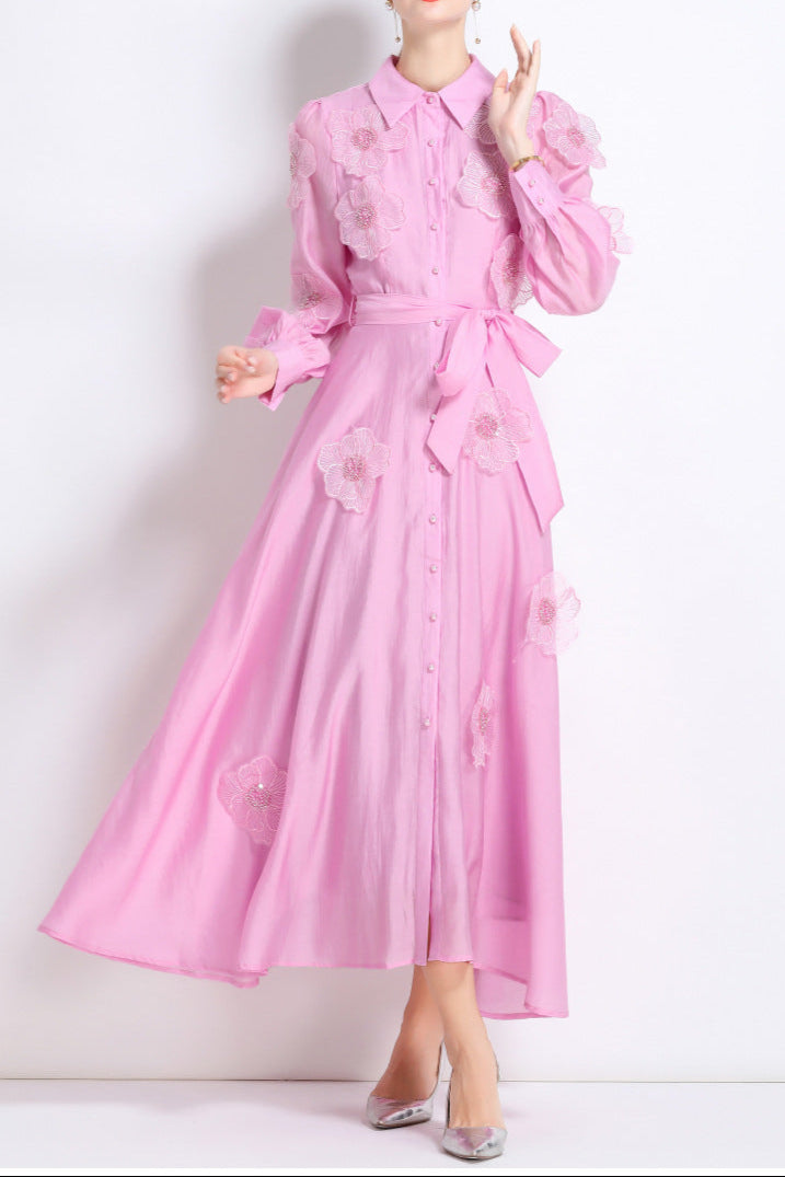 Embroidered Midi Dress in Pink