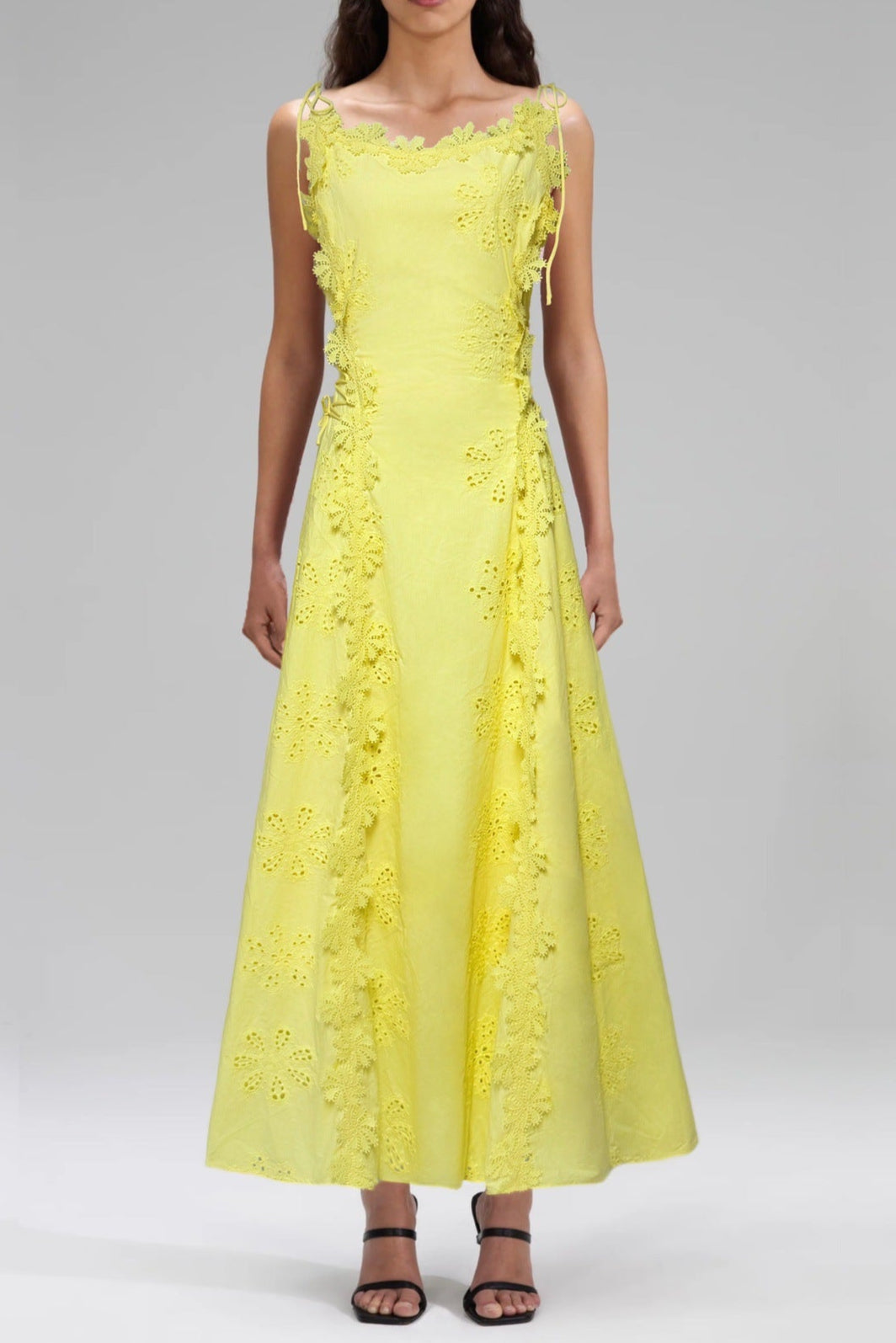 Lace Trim Embroidery Hollow Midi Dress in White