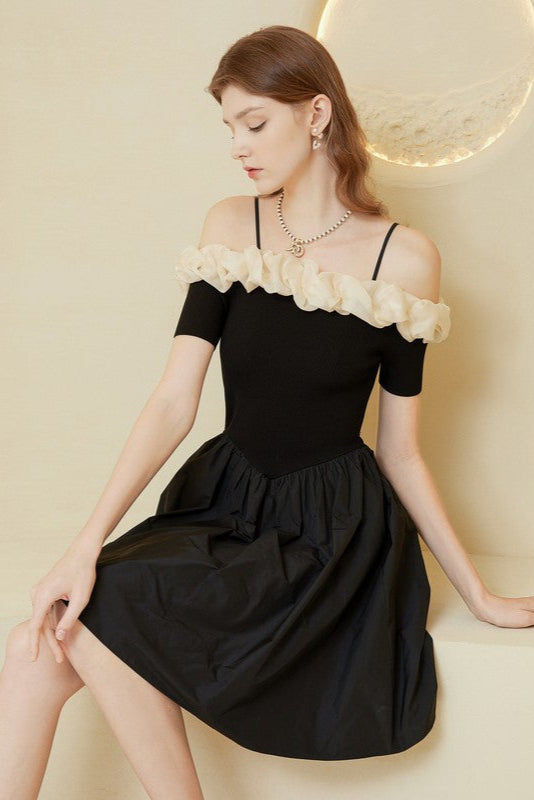 Off-Shoulder Ruffle Trim Mini Dress in Black