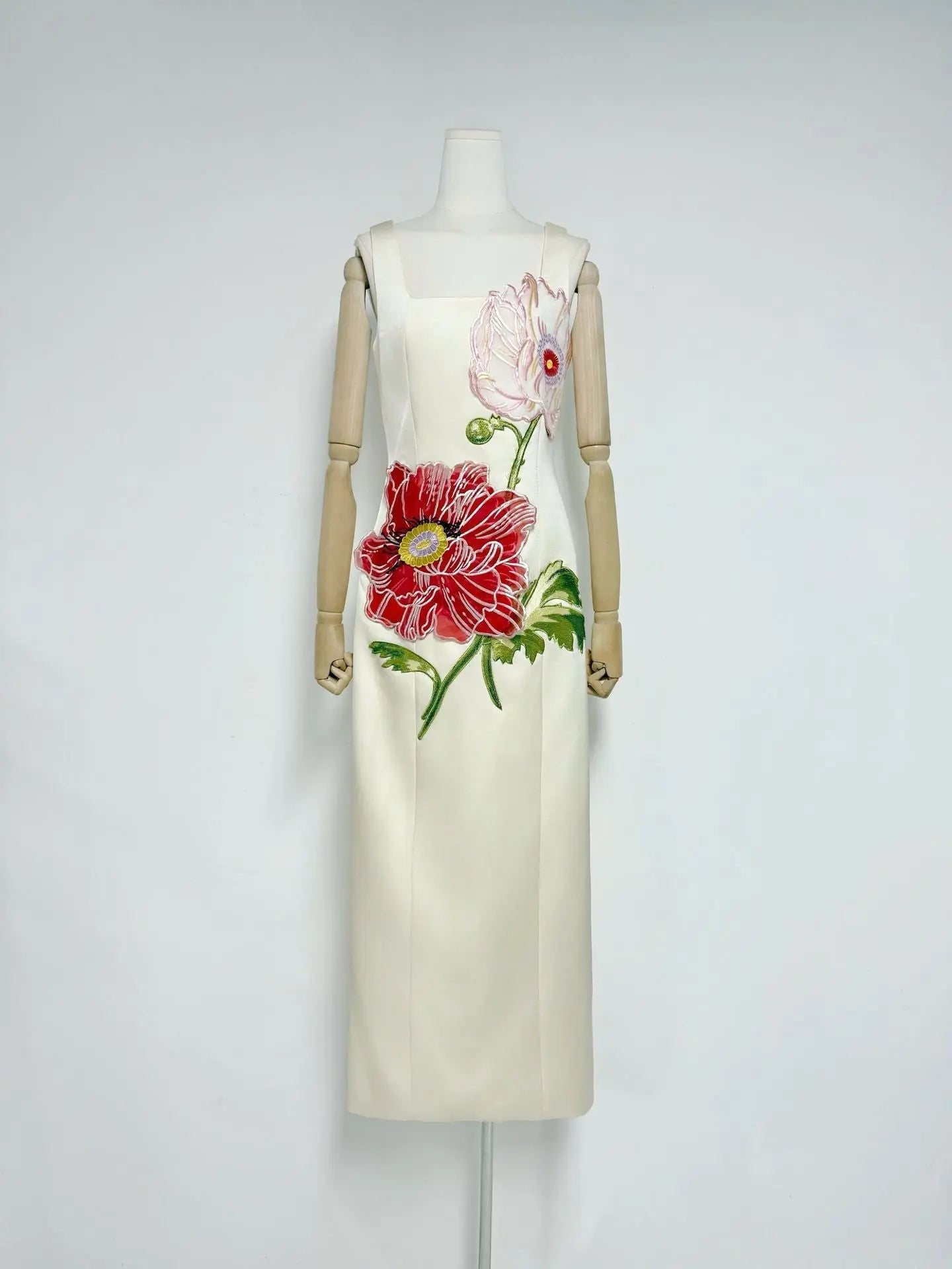 Square Neck Flower Embroidery Satin Maxi Dress in Apricot