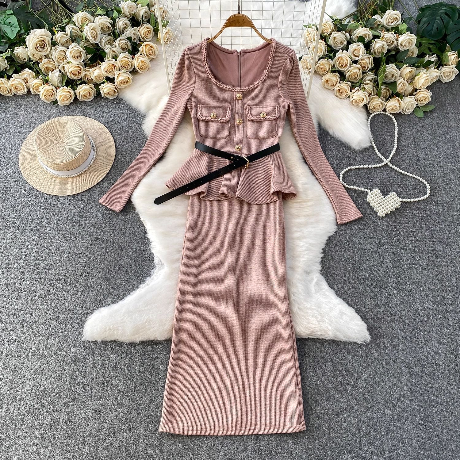 U Neck Long Sleeve Falbala Knit Midi Dress in Pink
