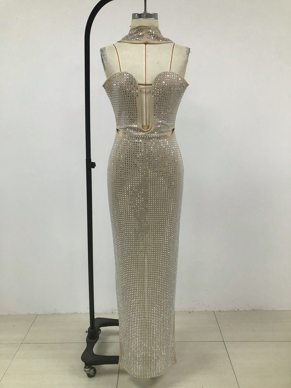 Silver Crystal Mesh Keyhole Cutout Gown