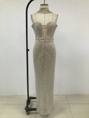 Silver Crystal Mesh Keyhole Cutout Gown
