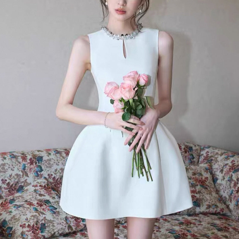 Round Neck Diamond Sleeveless Dress in White