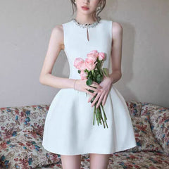 Round Neck Diamond Sleeveless Dress in White