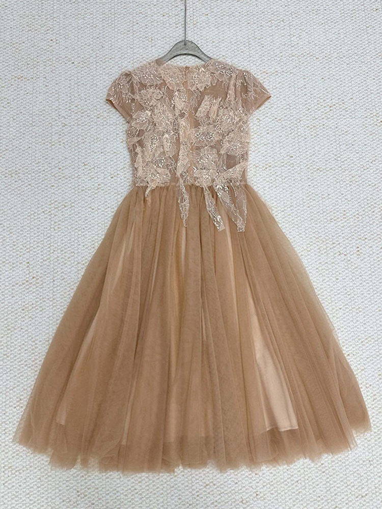 Sequin Lace Patchwork Mesh Maxi Dress in Brown