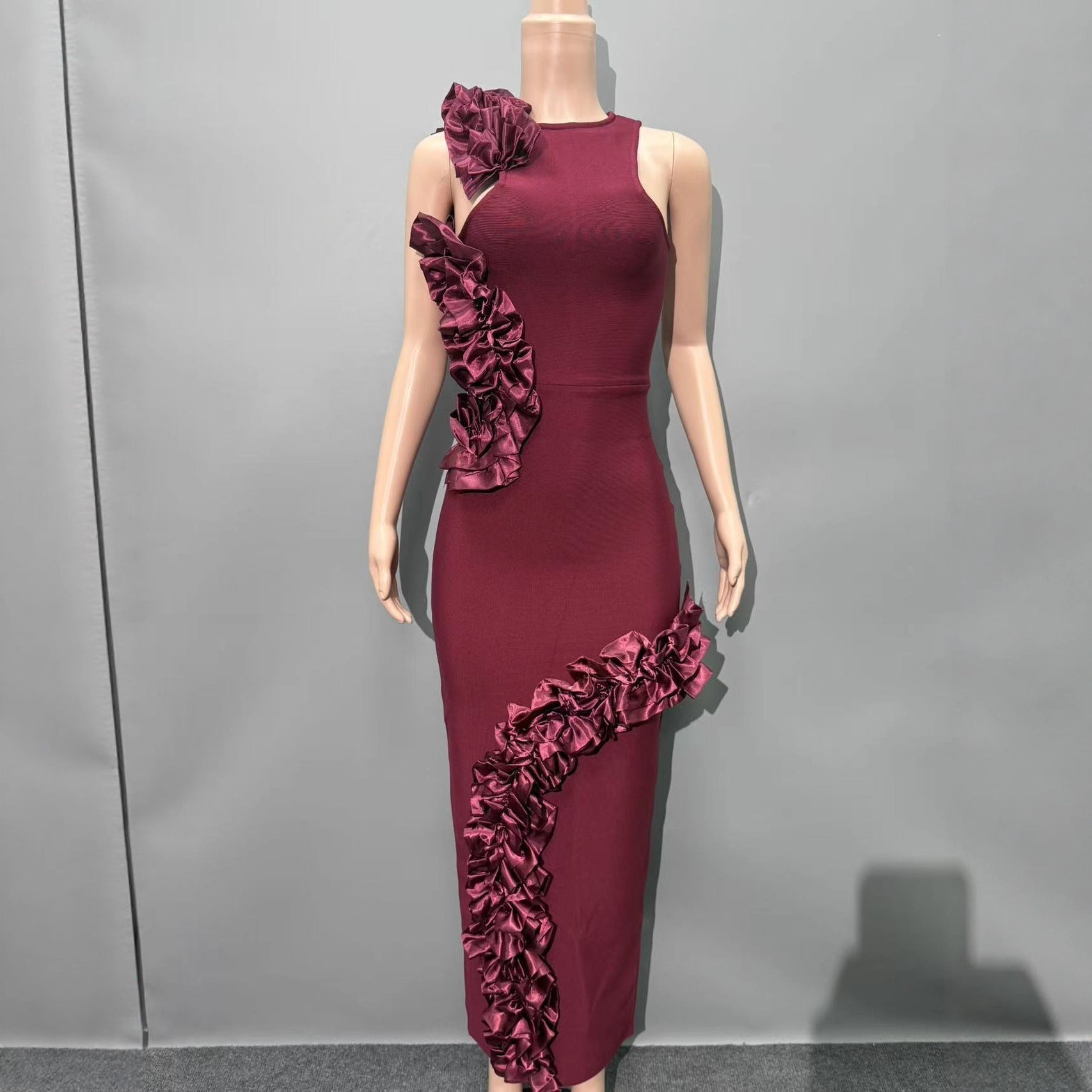 Ruffled-Bodycon Gown Claret