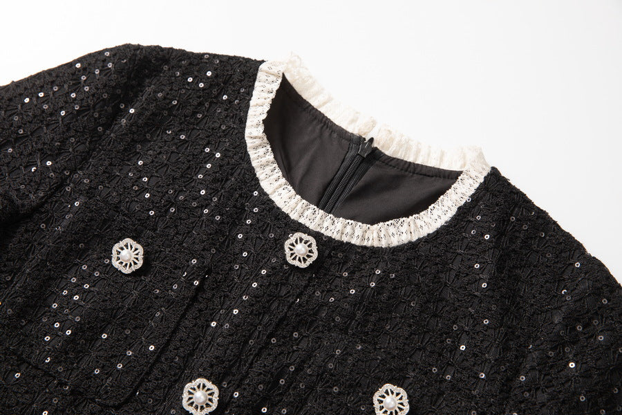Round Neck Short Sleeves Sequin Maxi Dress in Black