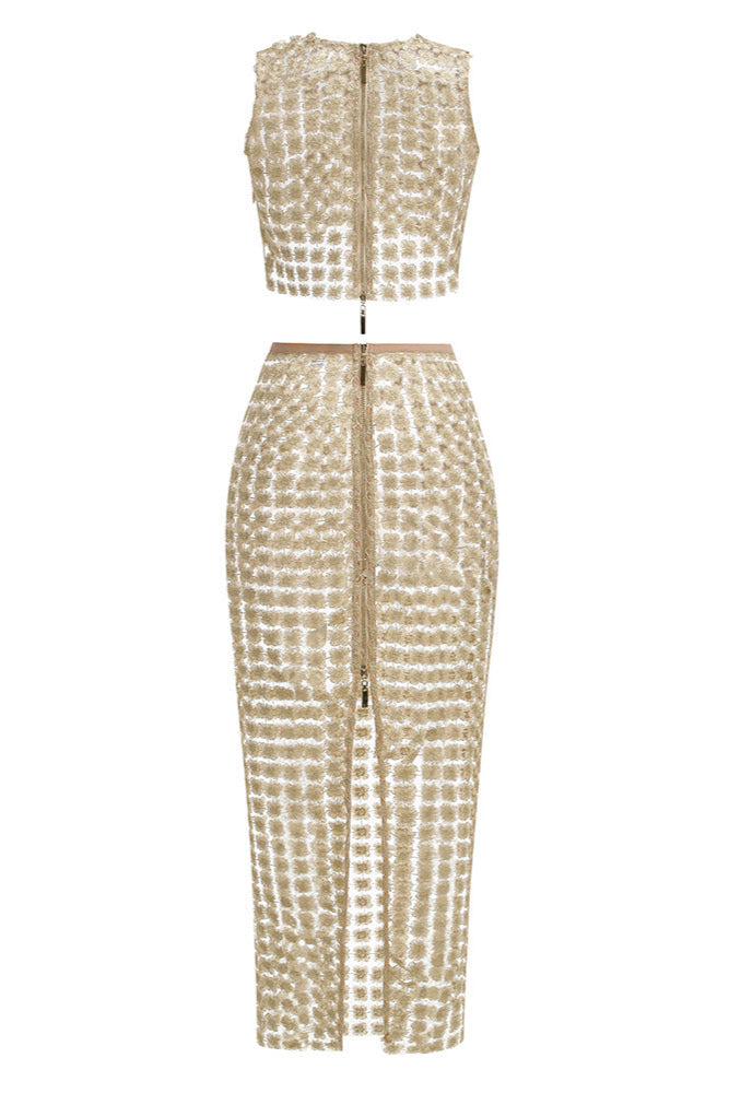 Sheer Plaid Maxi Skirt Two Piece of Set