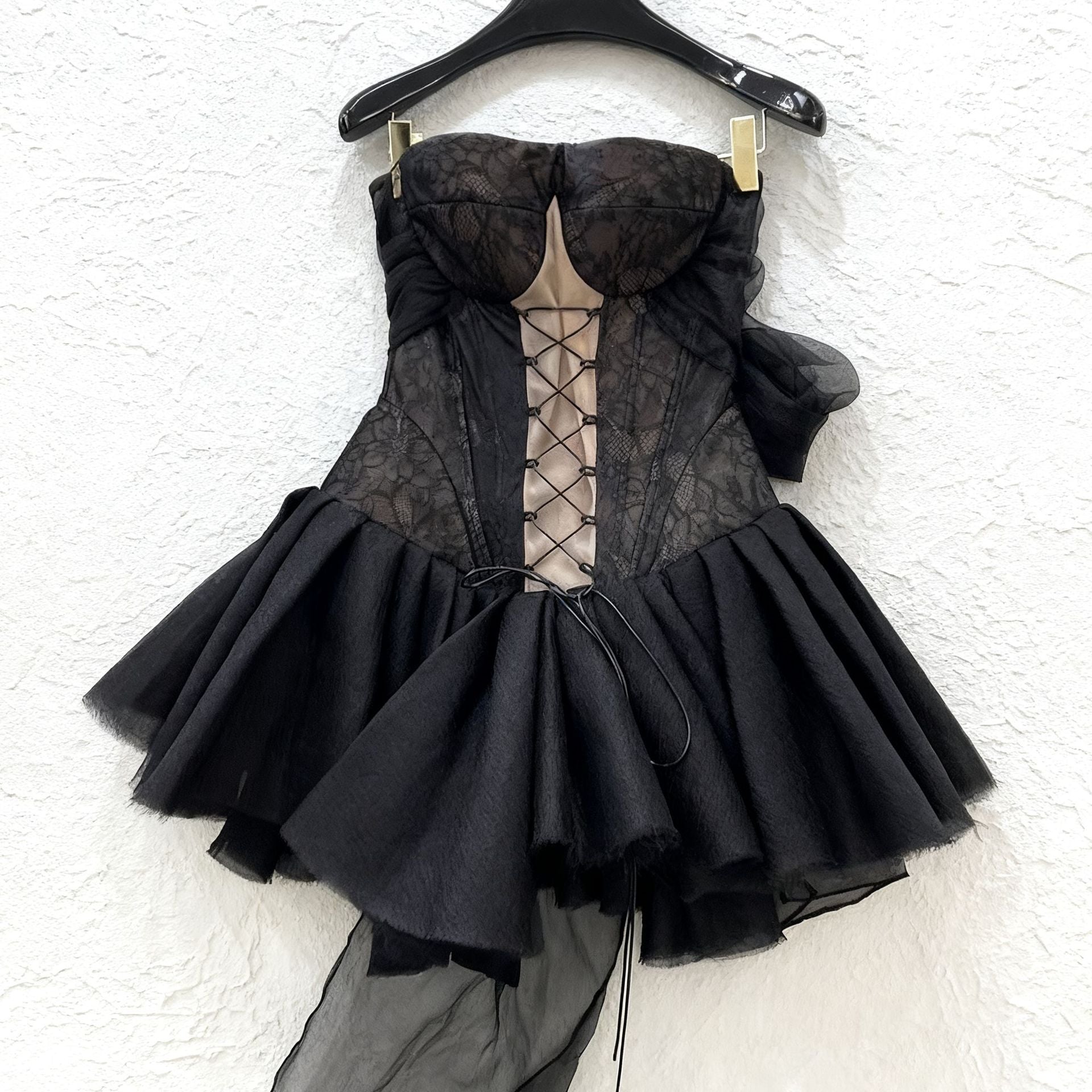 Halter Neck Top with Cross Straps Mini Dress in Black