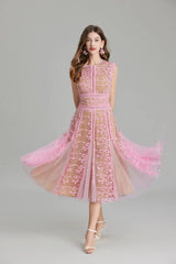 3D Embroidered Lace Mesh Midi Dress in Pink