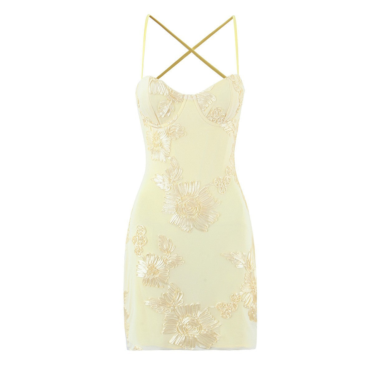 Light Yellow 3D Floral Bob Paired with a Fitted Mini Dress