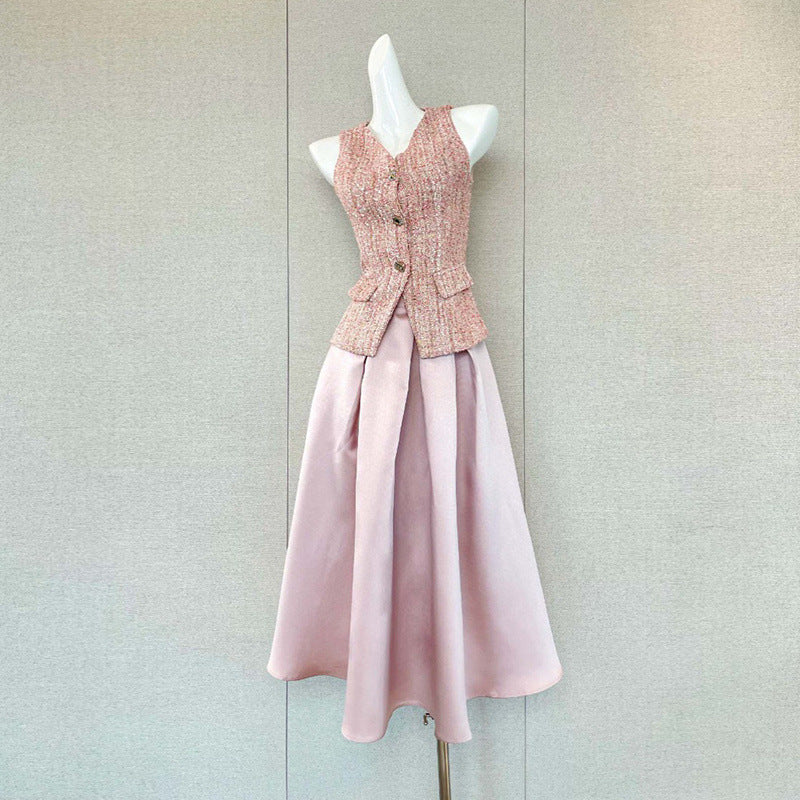 Pink V-Neck Sleeveless Top & Skirt Two-Piece Set