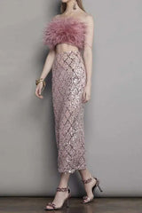Pink Feather Top Sequin Midi Skirt Set