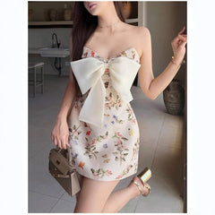 Floral Print Ribbon Mini Dress - Beige