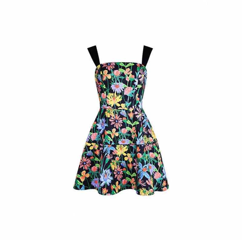 Print A Line Strap Satin Mini Dress
