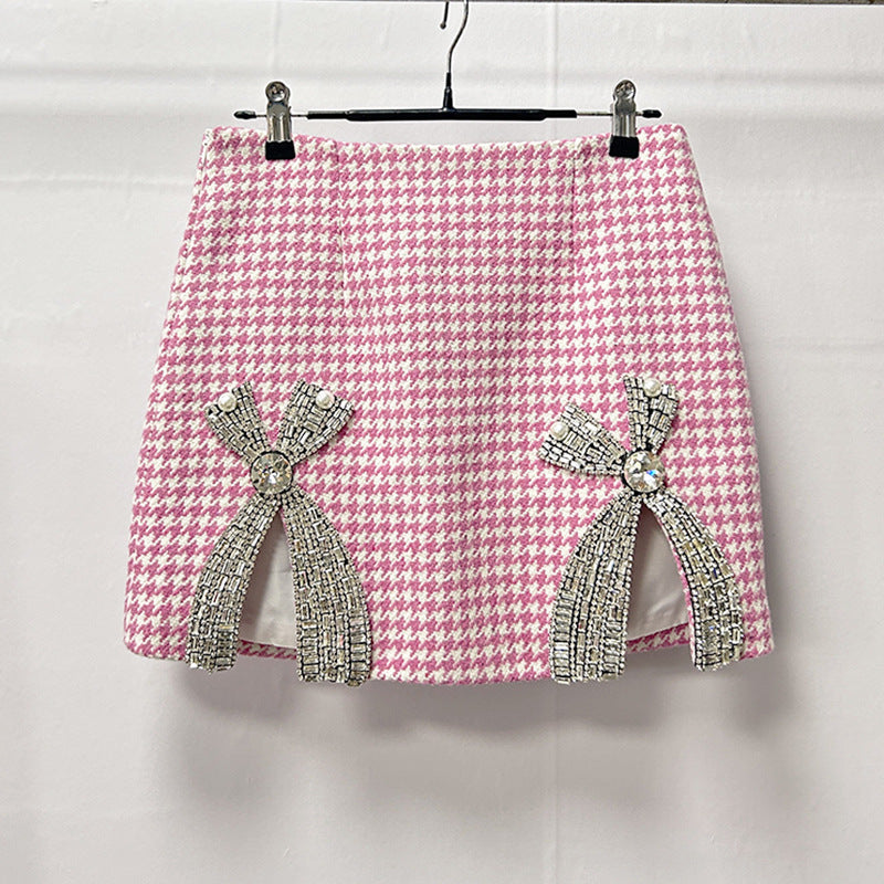 Embellished Checked Wool-Blend Blazer Set in Pink