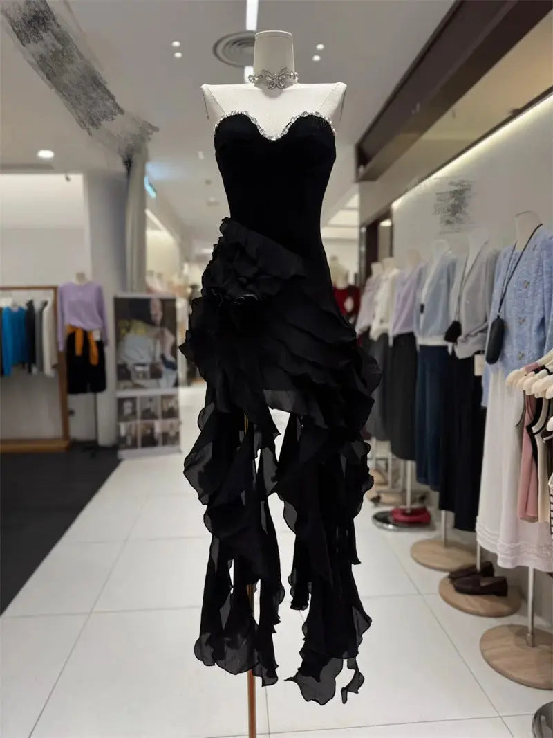 Ruffle Crystal Midi Dress in Black