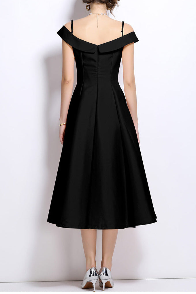 Off-Shoulder Satin Midi Dress in Black