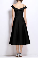 Off-Shoulder Satin Midi Dress in Black
