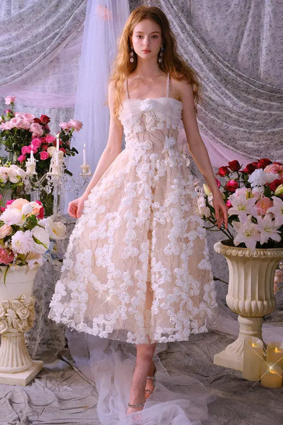 Leah White/Beige Sleeveless Flower Dress