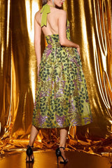 V-Neck Flower Backless Midi Dress in Green
