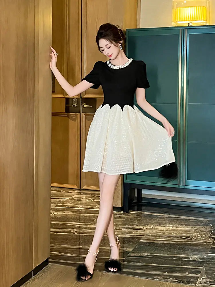 Black-White Rhinestone Neck Sequin Mini Dress
