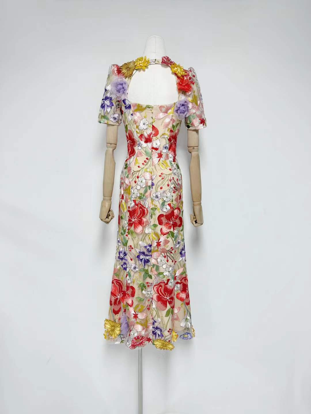 Square Neck Backless Mesh Embroidered Maxi Dress