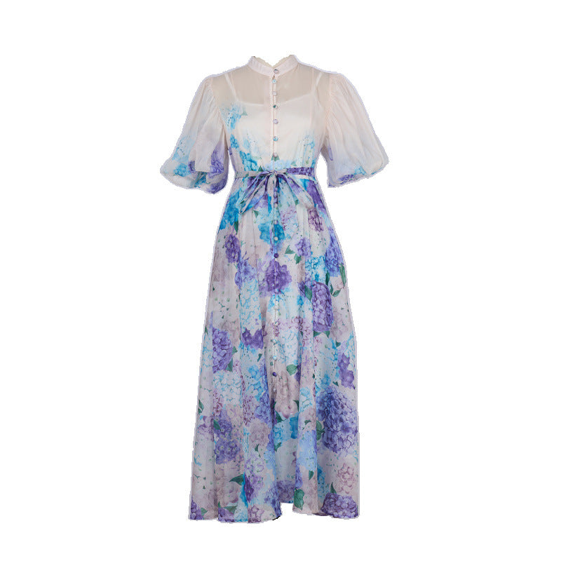 Pink Floral Print Mandarin Collar Maxi Dress