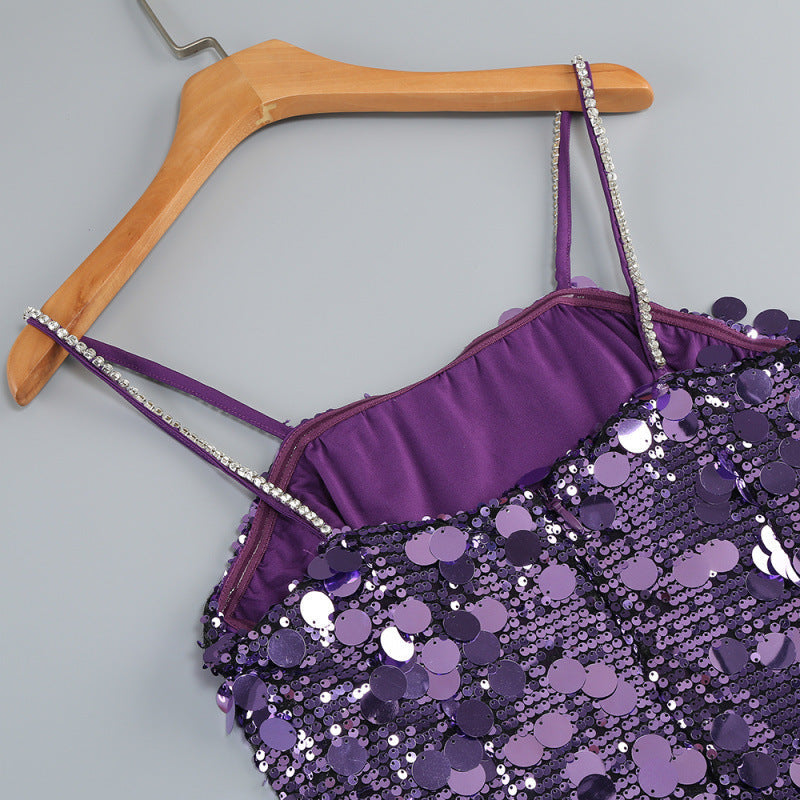 Strappy Sequin Embellished Mini Dress in Purple