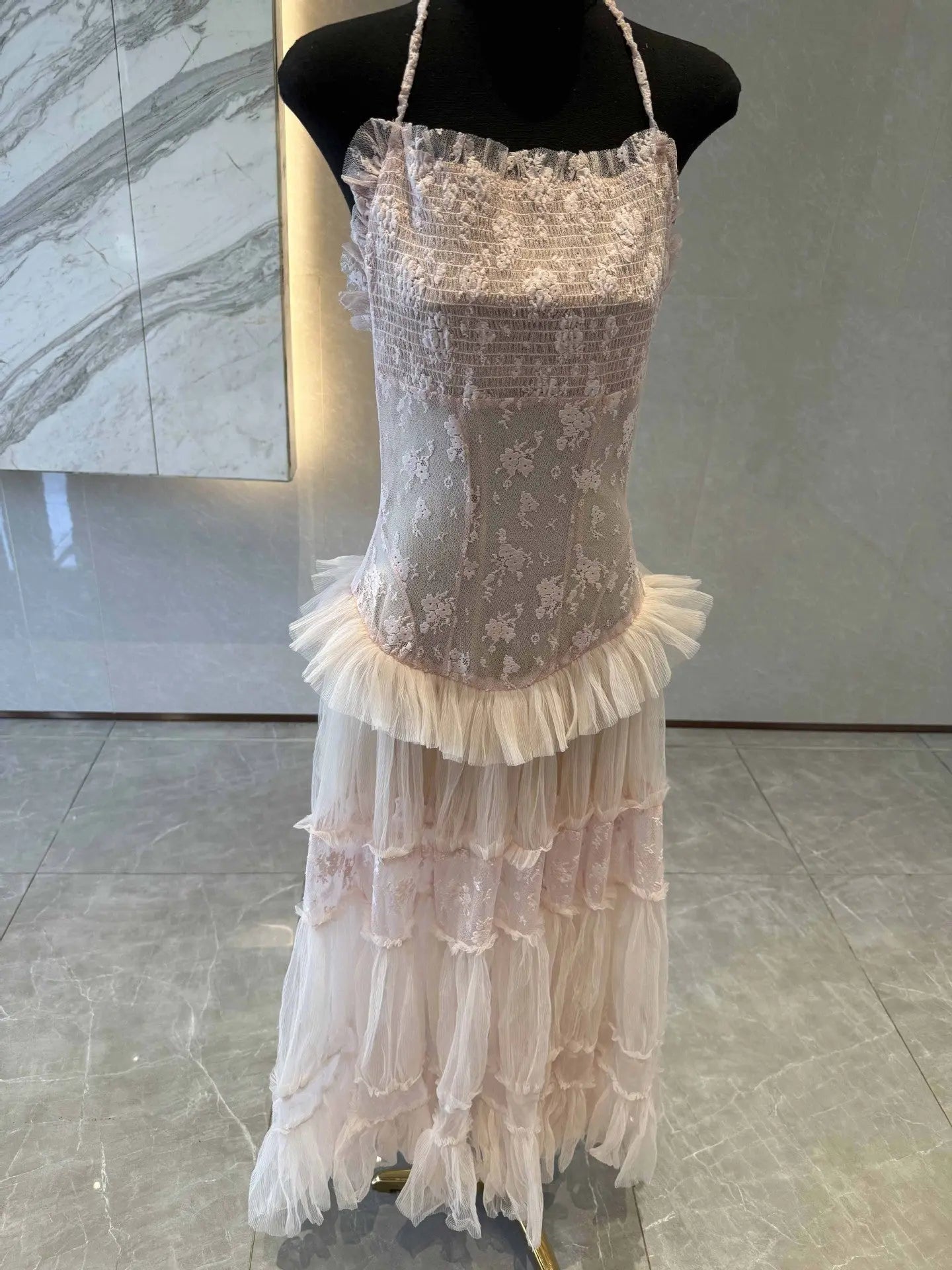 Lace Splicing Maxi Dress in Pink