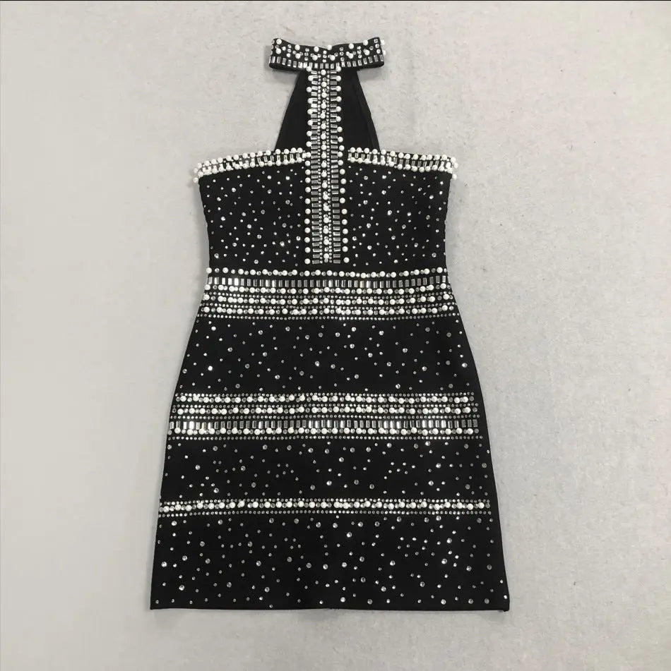 Rhinestone Halter Mini Dress in Black