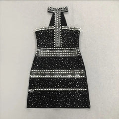 Rhinestone Halter Mini Dress in Black