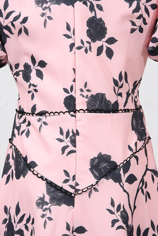 V-Neck Satin Floral Midi Dress in Pink