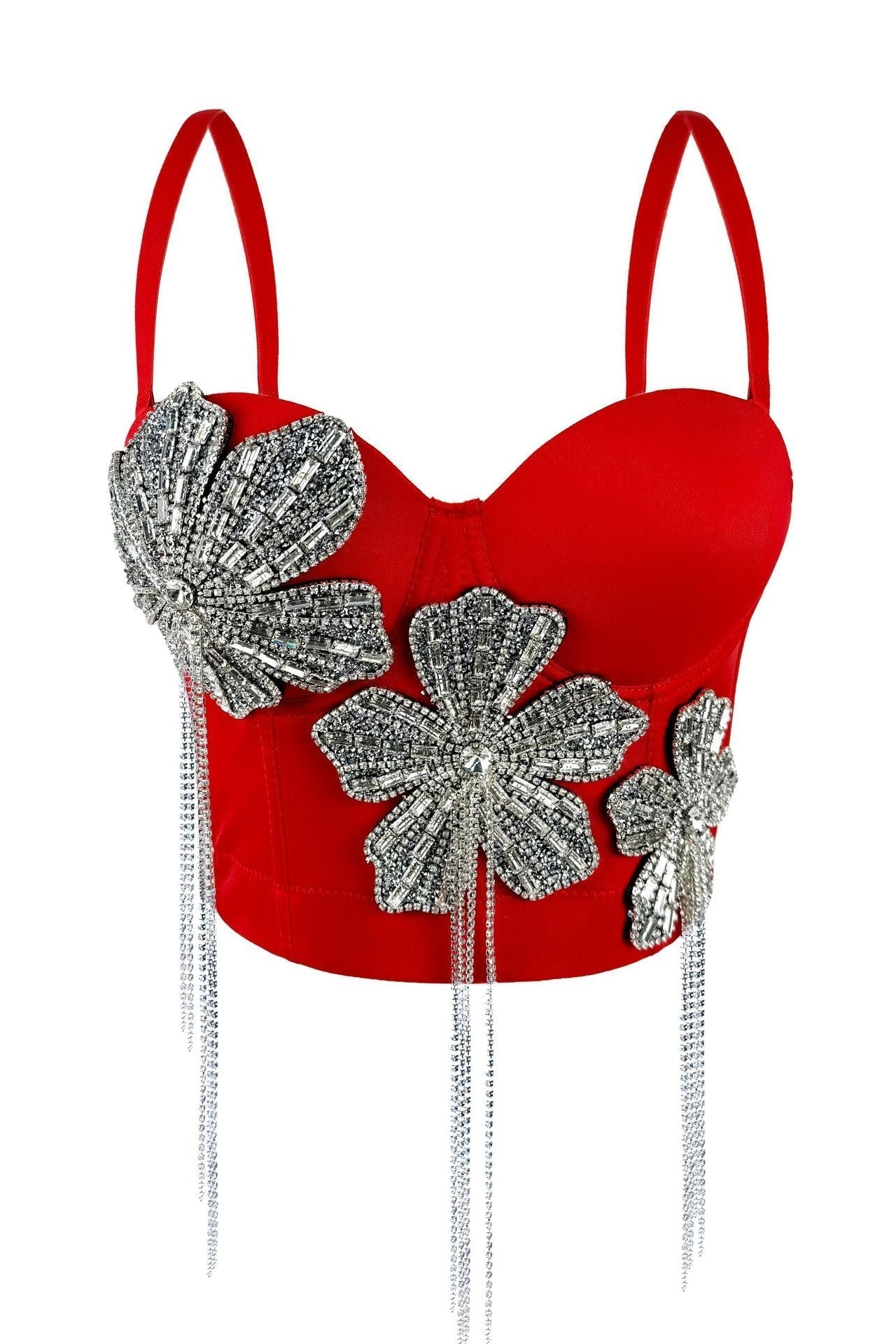 Strap 3D Rhinestone Flower Fringe Corset Bustier Top