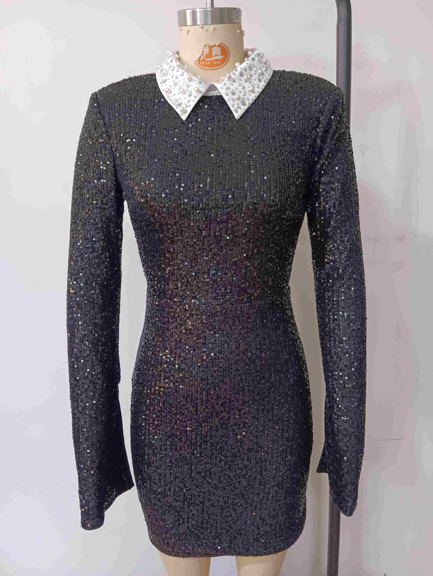Long Sleeve Sequin Backless Mini Dress in Black