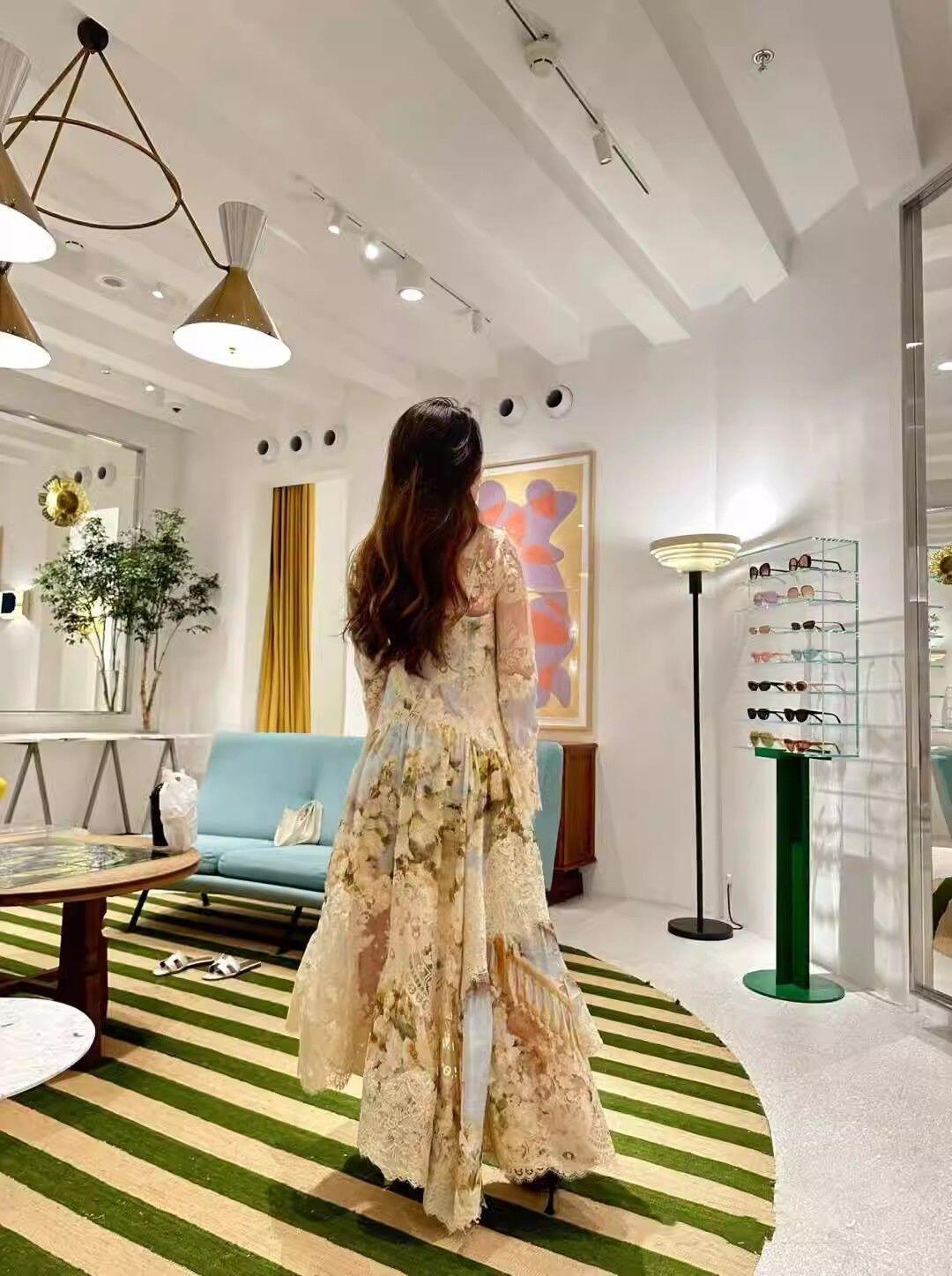 Long Sleeves Floral Printed Lace Maxi Dress