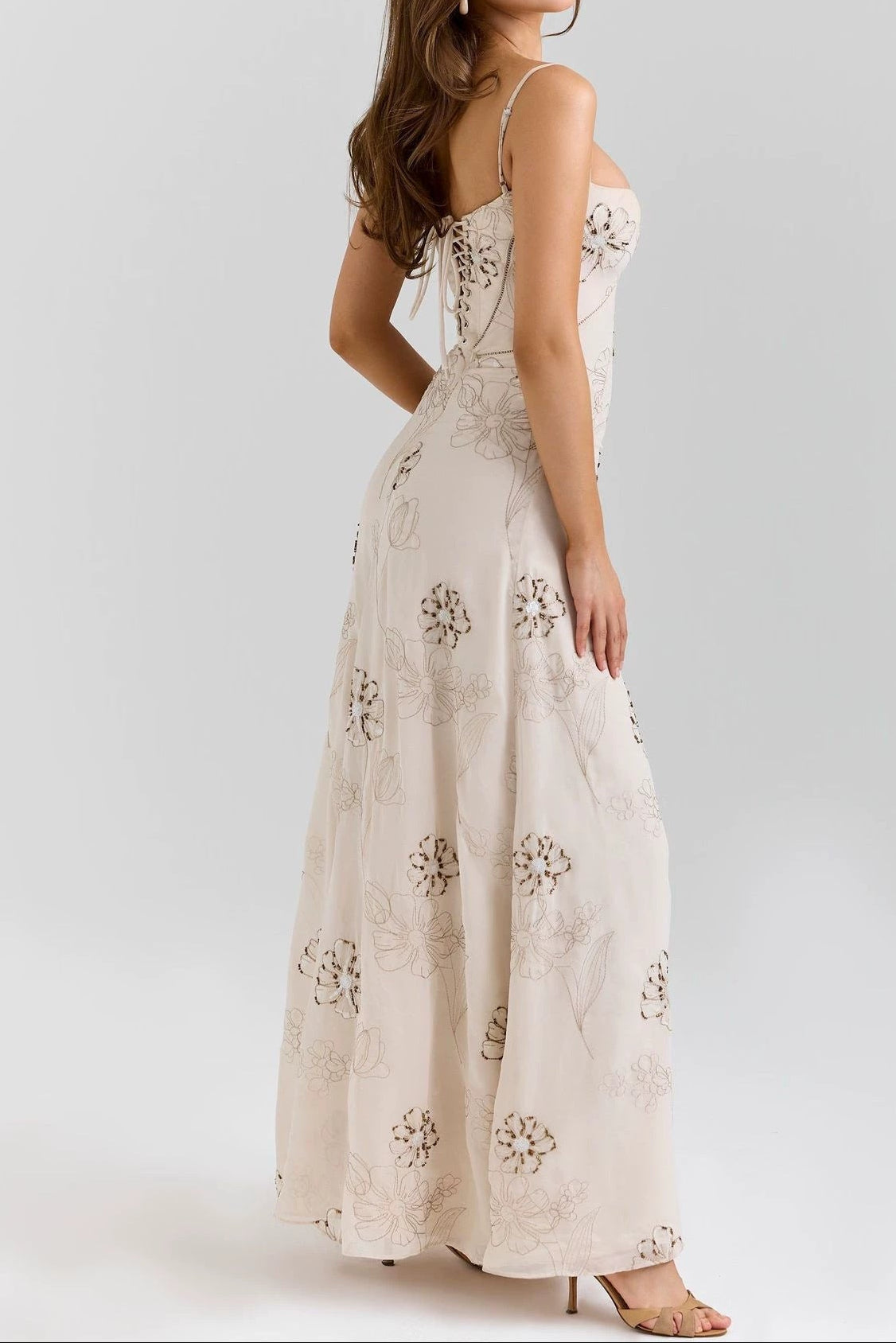 Beige Floral Strap Maxi Dress