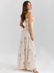 Vintage Embroidered Hollow Slip Maxi Dress - White