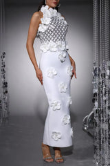 3D Flower Sequin Halter Bandage Maxi Dress in White