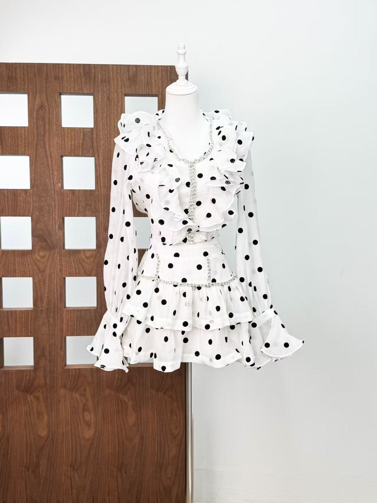 Black-White Ruffled Long-Sleeved Top with Puffy Skirt