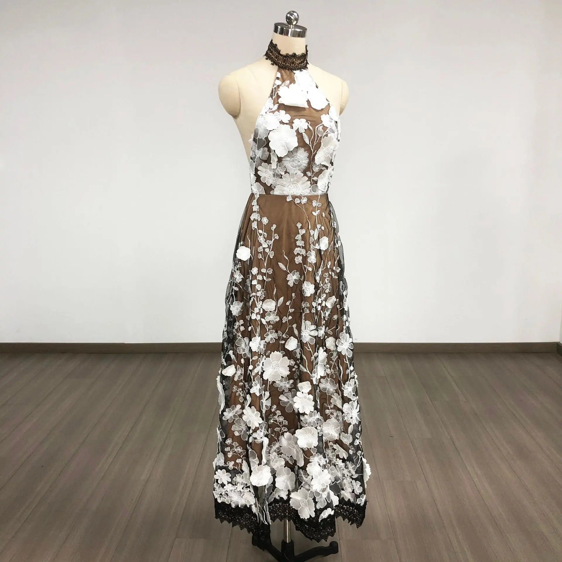Black Halter Floral Embroidered Midi Dress