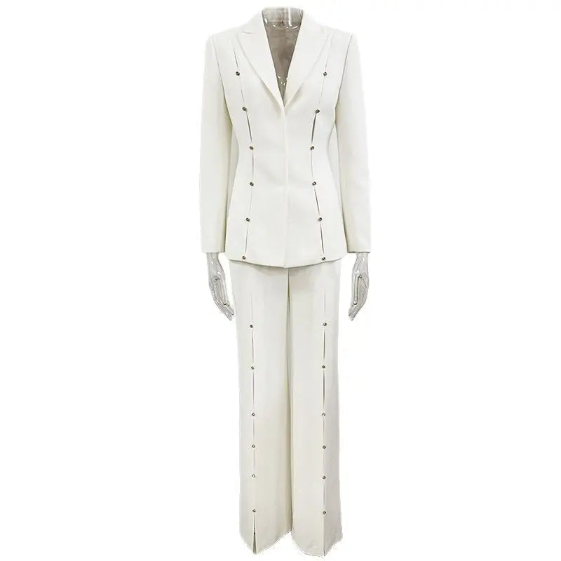 Diamond Hollow Out Blazer Set in White