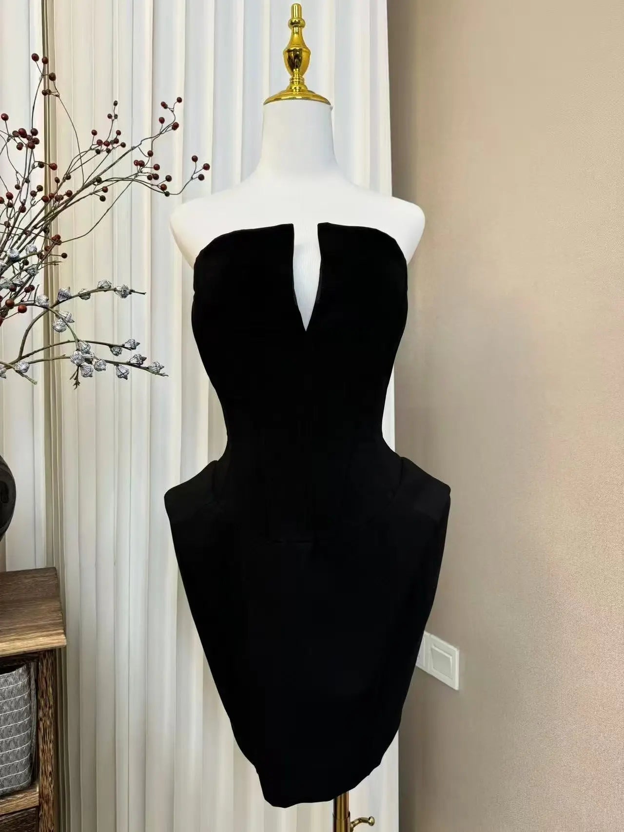 Folded Collar Corset Mini Dress in Black