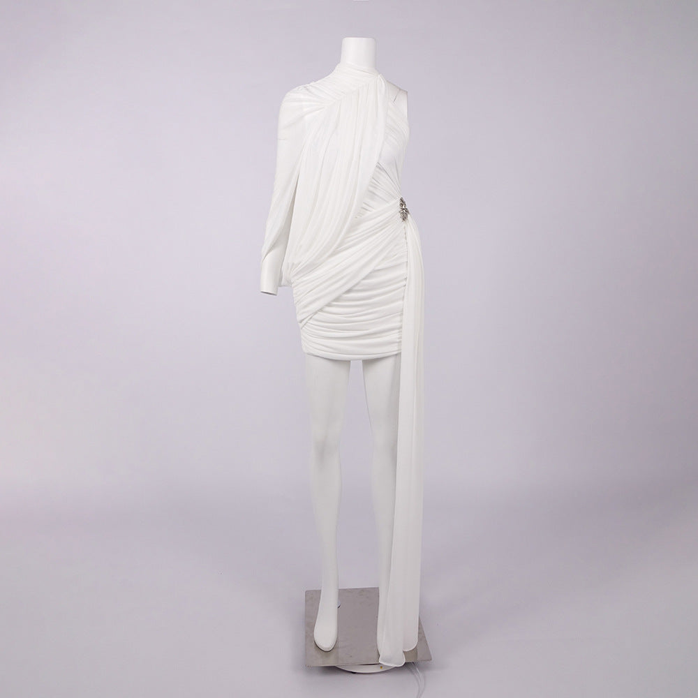 Off-Shoulder Single-Sleeve Bodycon Ribbon Mini Dress - White