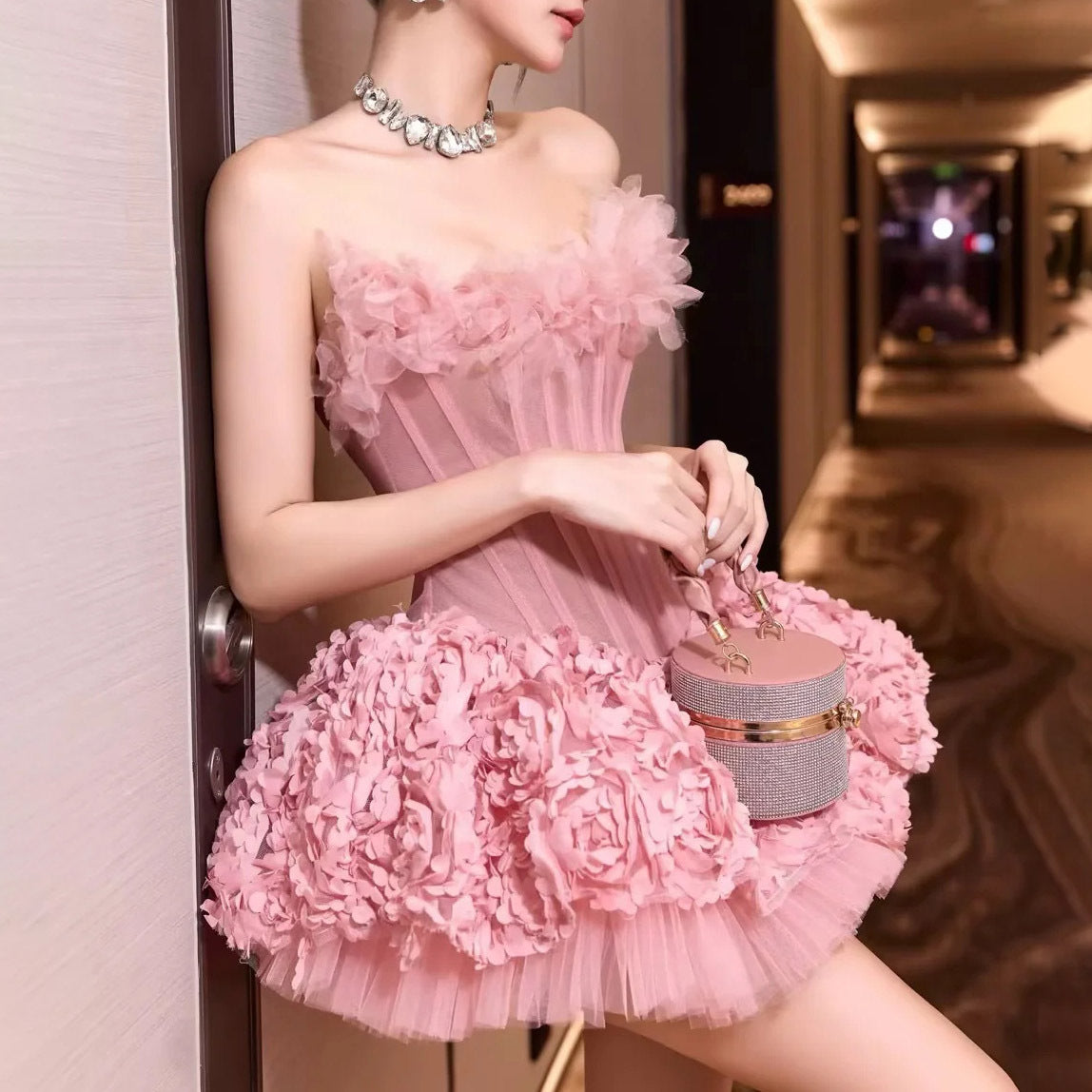 3d Flower Mini Dress in Pink