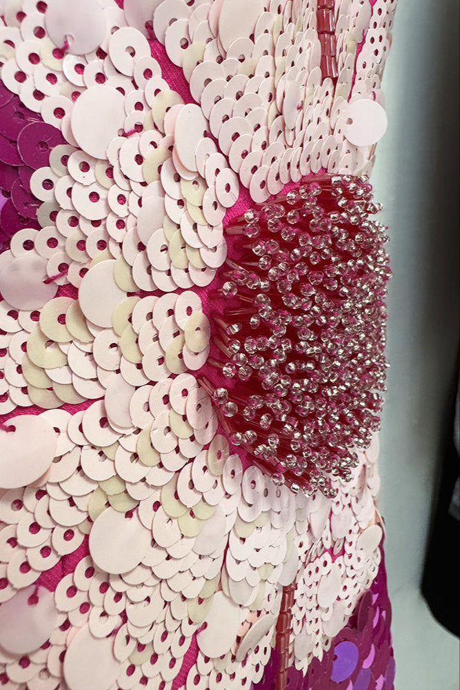 Sequin Flower Embellished Puff Sleeve Midi Dress in Pink